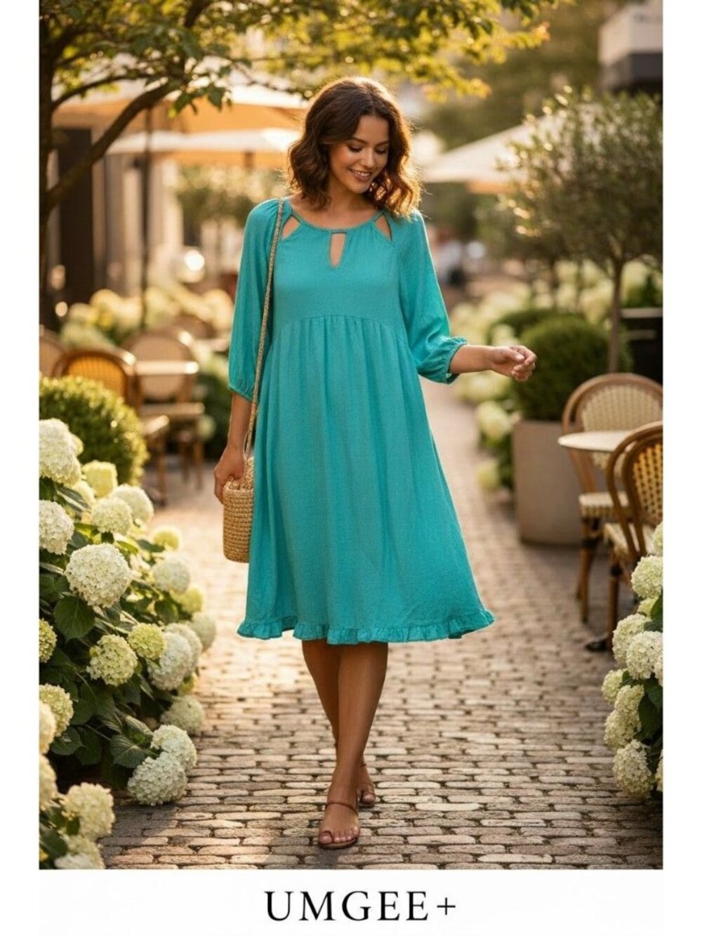 Umgee+ Turquoise Linen-Cotton Midi Dress 3/4 Sleeves Keyhole Neckline Ruffled He